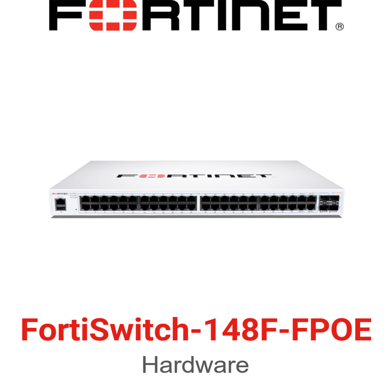 Fortinet FortiSwitch 148F-FPOE 48 port gigabit 370W PoE plus switch front panel view