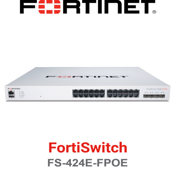 FortiSwitch 24-Port Gigabit PoE+ Managed Access Switch FS-424E-FPOE front view and ports