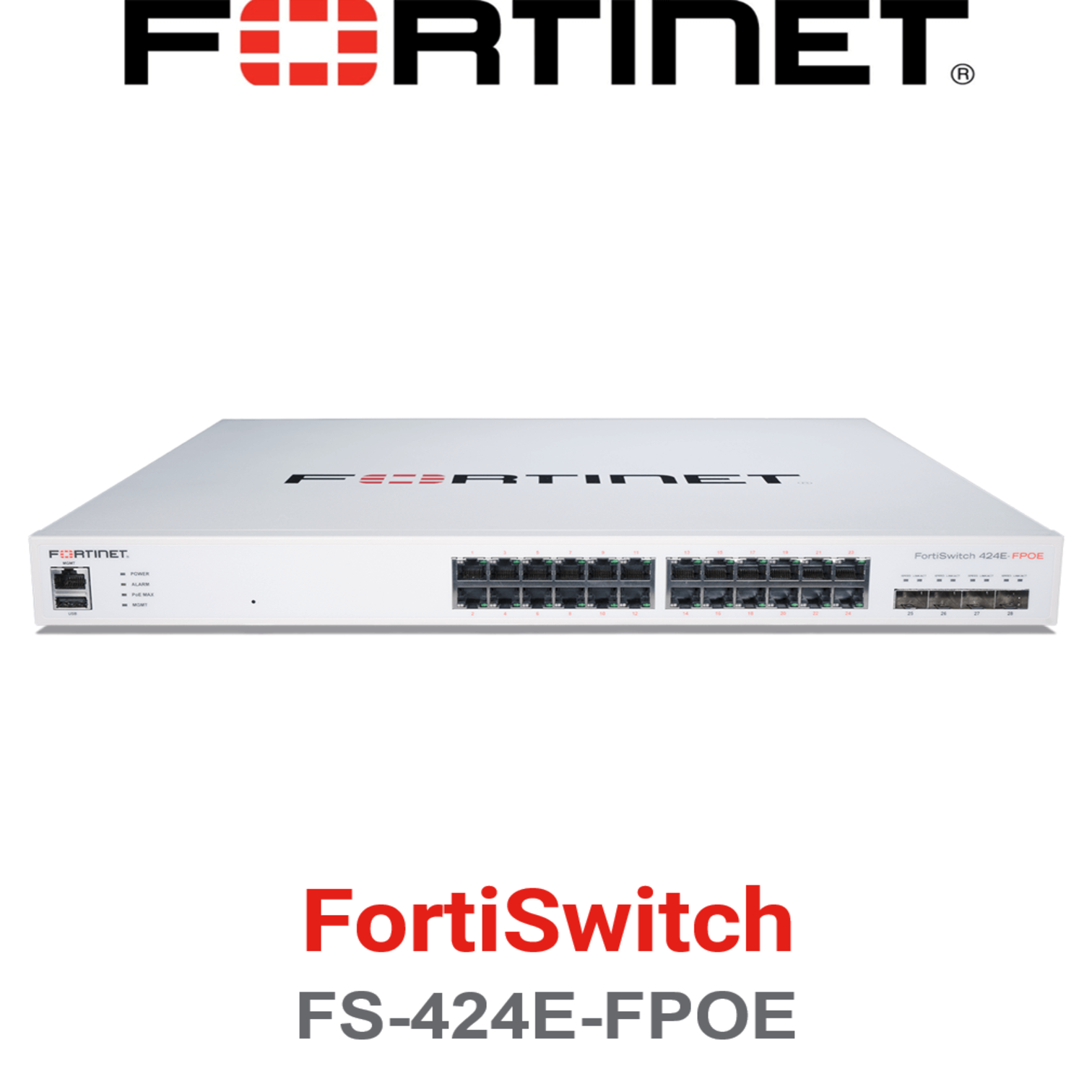 FortiSwitch 24-Port Gigabit PoE+ Managed Access Switch FS-424E-FPOE front view and ports
