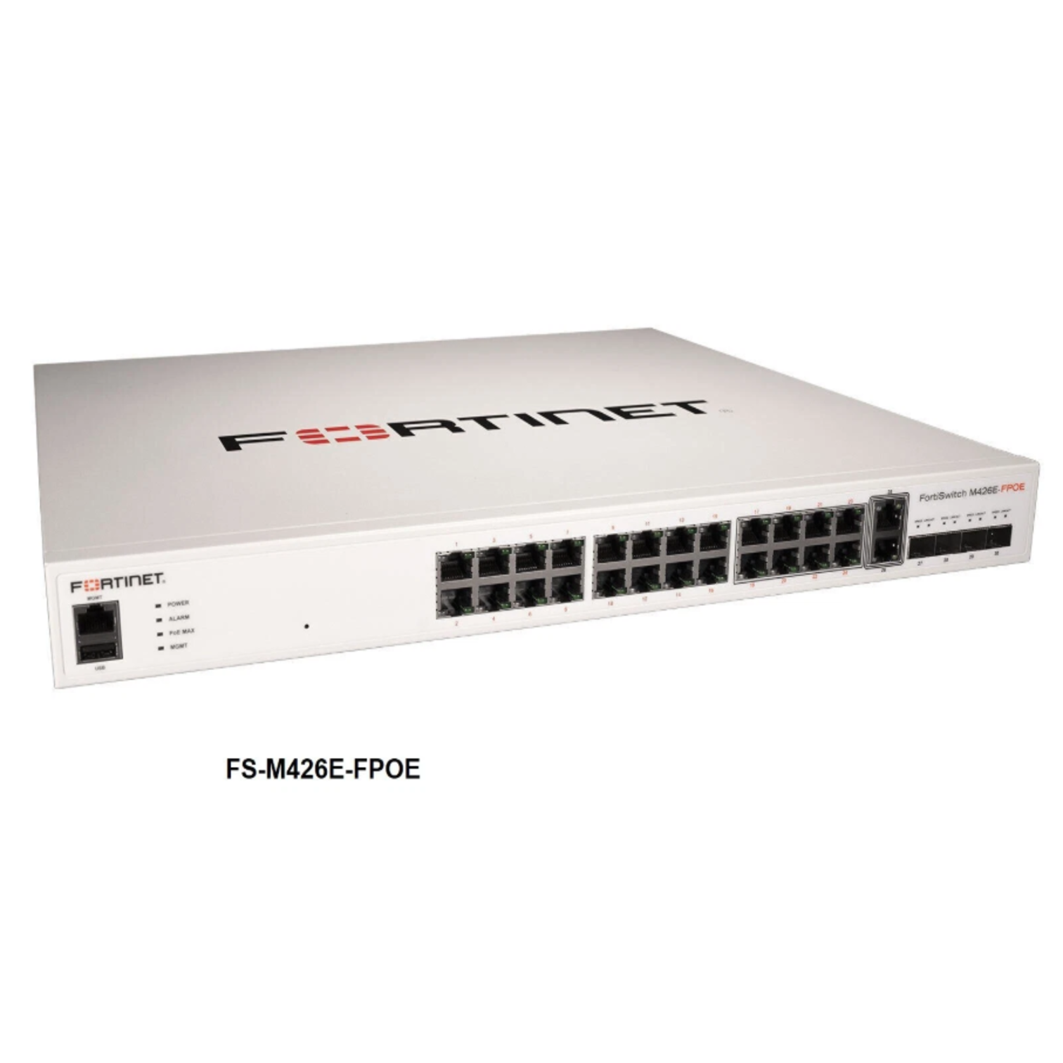 Fortinet FortiSwitch M426E-FPOE multi gigabit PoE plus 10G SFP plus switch front panel view