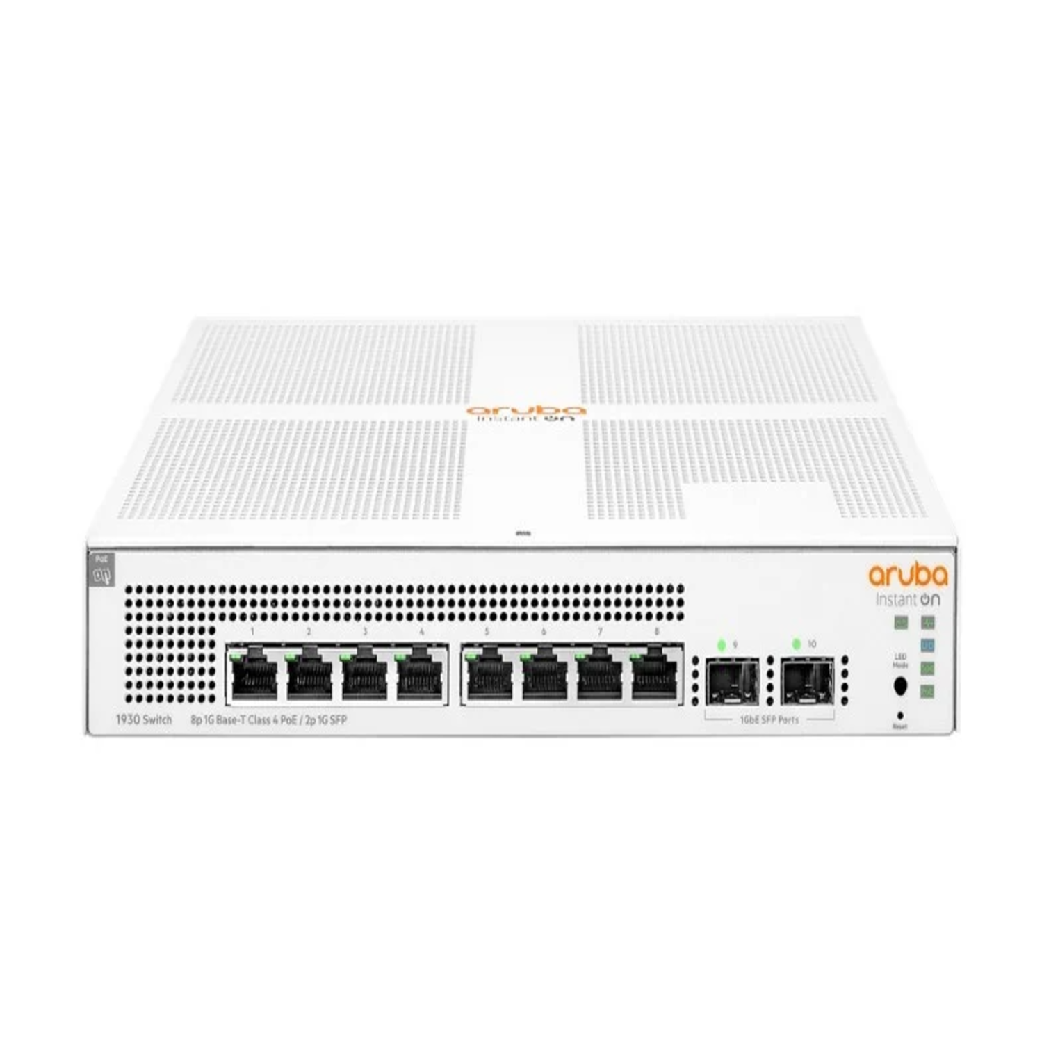 Aruba Instant On 1930 8G 124W PoE+ Switch Smart Managed Switch front view and ports
