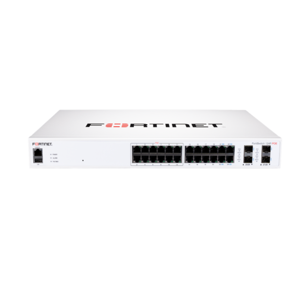 Fortinet FortiSwitch 124F-POE 24 port gigabit 185W partial PoE switch front panel view