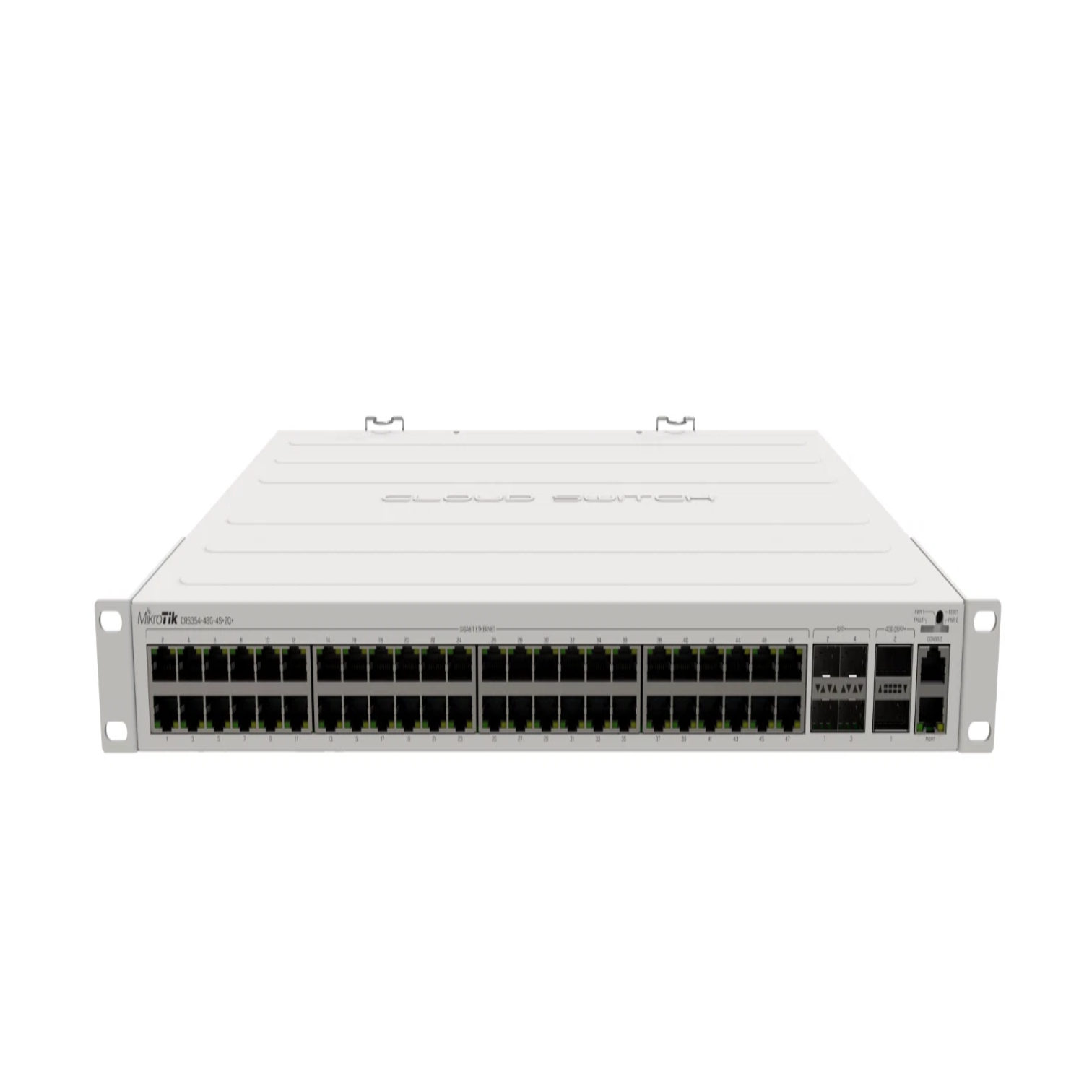 MikroTik CRS354-48P-4S+2Q+RM 48-Port PoE+ Gigabit Switch with 10G SFP+ and 40G QSFP+ Uplinks Rackmount Front View