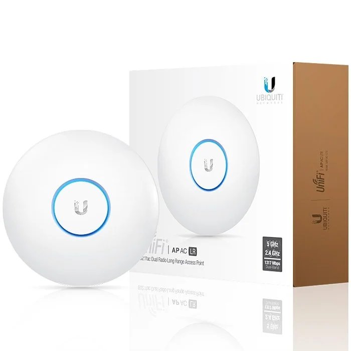 Ubiquiti UniFi U6-LR Long-Range Dual-Band Wi-Fi 6 Enterprise Ceiling Access Point White Enclosure Front View