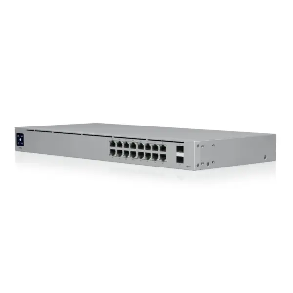 Ubiquiti UniFi USW-16-PoE 16-Port Managed Gigabit Rackmount Switch with Touchscreen and PoE+ Ports Front View