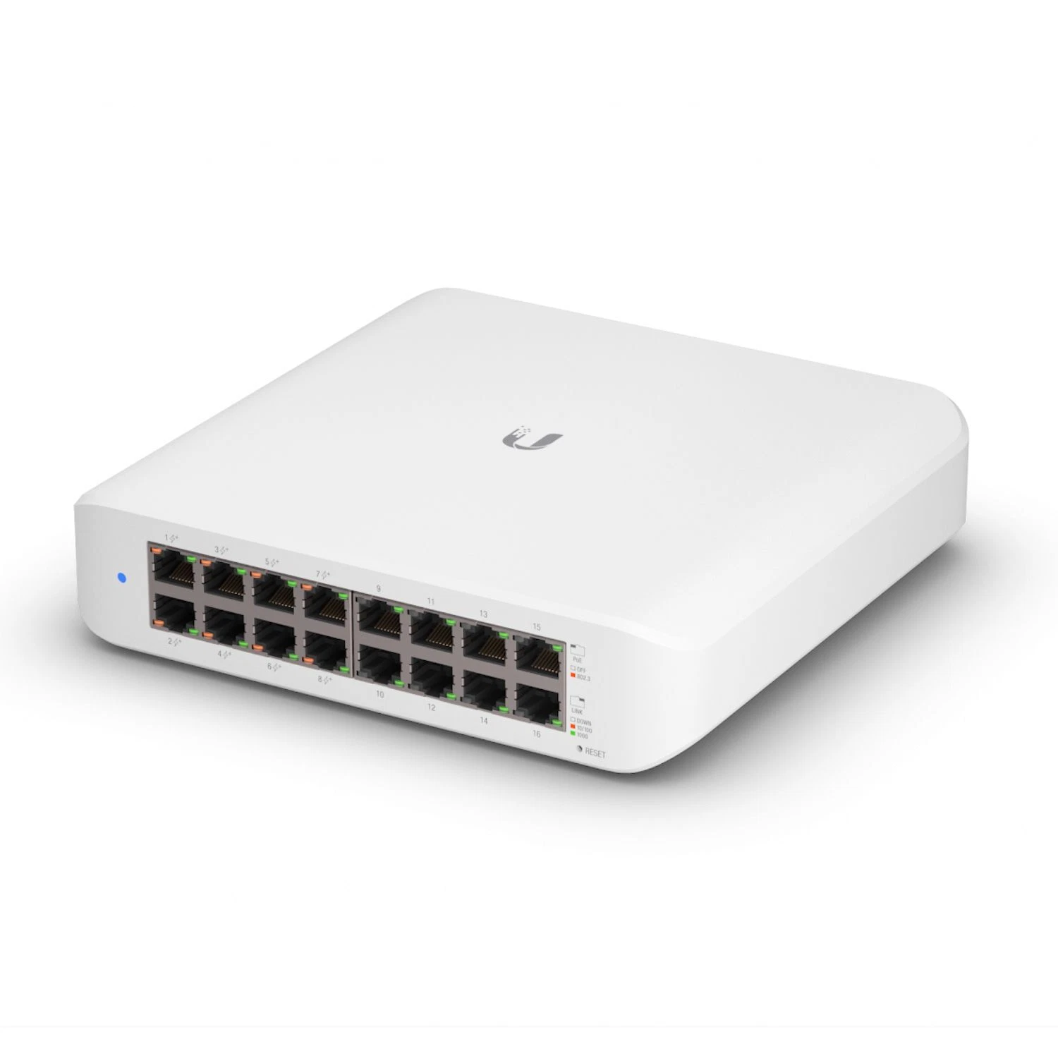 Ubiquiti UniFi USW-Lite-16-PoE Slim 16-Port Managed Gigabit PoE Switch White Desktop Enclosure Front View