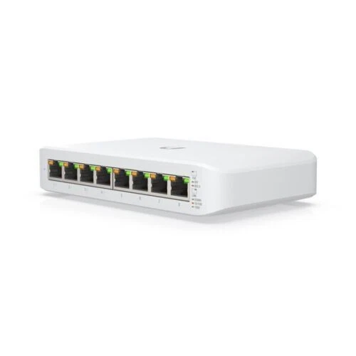 Ubiquiti UniFi USW-Lite-8-PoE Compact 8-Port Managed Gigabit PoE Switch White Desktop Enclosure Front View